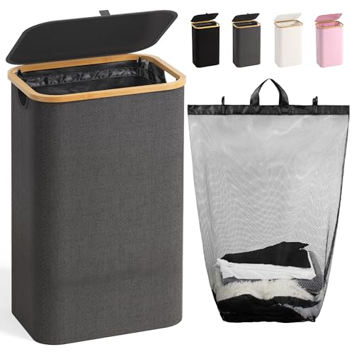 100L Laundry Hamper with Lid, Large Laundry Basket with Bamboo Handles, Clothes Hampers for Laundry with Removable Bag, Dirty Clothes Hampers for Bedroom Aesthetic, Grey - color: Grey