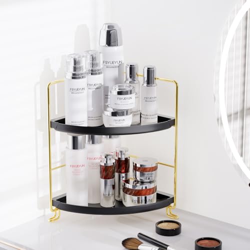FSyueyun 2-Tier Corner Bathroom Counter Organizer, Tool-Less Installation Vanity Shelf Small Plastics Countertop Makeup Tray Skincare Perfume Organizers (Gold & Black) - color: Gold & Black