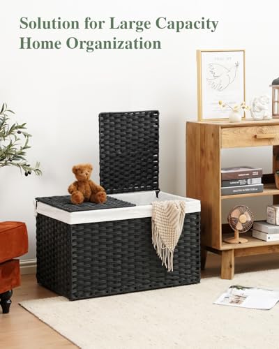 SETVSON Storage Basket with Lid Wicker Baskets for Storage with 2 Separate Lid 42.3 Gallon (160 L) 29.9 x 17.3 x 18.1 Inches Rattan Woven Large Wicker Basket with 2 Liners for Bedroom Laundry Black - color: Black, size: 160L-29.9L*17.3W*18.1H
