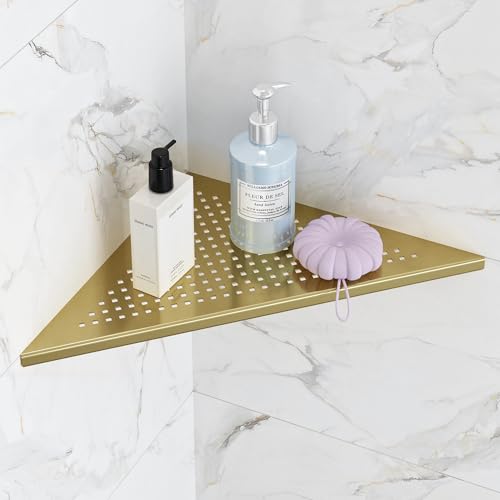Qeke Bathroom Corner Shelf, Recessed 12" Shower Shelf Caddy, SUS304 Stainless Steel Shelf Wall Mount Triangular, No Drilling, Brushed Golden - color: Brushed Golden, size: 12"- 1 Pack