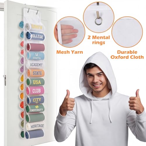 Over the Door Hoodie Organizer, Double Sided Holds 26 Hoodies, White Hanging Storage with 2 Hooks and Rope for Door Closet Cabinet Use, Ideal for Dorm Rooms Bedroom, Small Spaces, 54.3 Inch - color: White