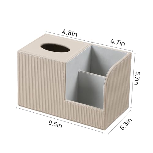 Square Tissue Box Cover with 2 Compartments Storage Organizer, PU Leather Tissue Box Holder with Remote Control Holder for Livingroom Nightstand, Multifunctional Cube Tissue Holder (Beige) - color: Beige