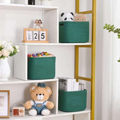3 Pack Cube Storage Bin, 9”x9”x7” Cotton Rope Woven Baskets for Organizing Toys Clothes Towels, Square Gift Storage Baskets for Shelves, Nursery, Closet, Bathroom, Pantry (Green) - color: Green, size: 9" x 9" x 7"
