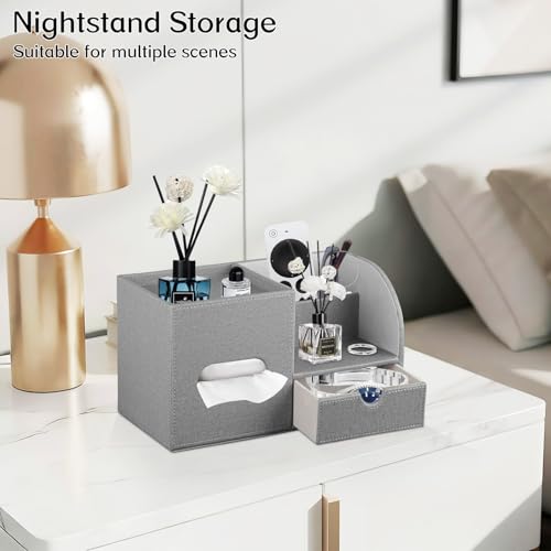 Square Tissue Box Cover with Drawer Storage and Tray on Top, PU Leather Tissues Cube Boxes Holder, Modern Nightstand Organizer Caddy, Remote Control Holder for Bathroom, Bedside, Office, Home - color: Grey Cloth