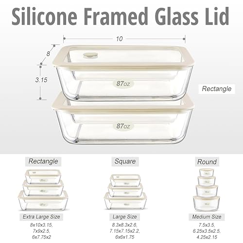 Urban Green Glass Food Container Set with Glass Lid, Large Meal Prep Container Set, Airtight Food Storage Containers with Air Vent Lid, 2 Pack, Large, 87oz, LeakProof, 100% Plastic Free, White color, - color: White Sand - 2P