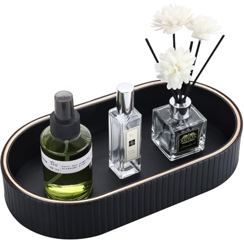 GORESE PU Leather Valet Tray Nightstand Organizer, Oval Perfume Trays Key Bowl Jewelry Dish for Bedside Dresser Entryway Table, Vanity Tray for Bathroom, EDC Trays for Men Women, 11×5.9 in, Black - color: Black