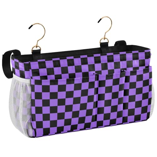 Checkerboard Black Purple Plaid Print Bedside Caddy Storage Bag Bedside Organizer for Bunk Bed Headboards College Organizer Caddy Hanging Shelf 6 Pockets with Hooks for Drinks Magazine Phone Holder - color: Checkerboard Black Purple