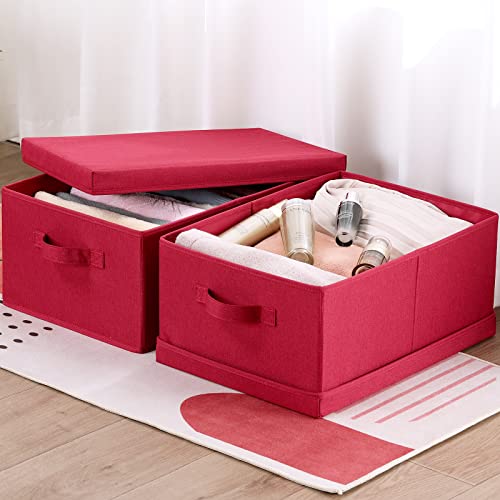 HOONEX Storage Bins with Lids for Organizing, Pack of 2, Storage Boxes with 2 Carrying Handles and Sturdy Heavy Cardboard, 16.5" L x 11.8" W x 7.5" H for Shoes, Books, Clothes, Red - color: Red