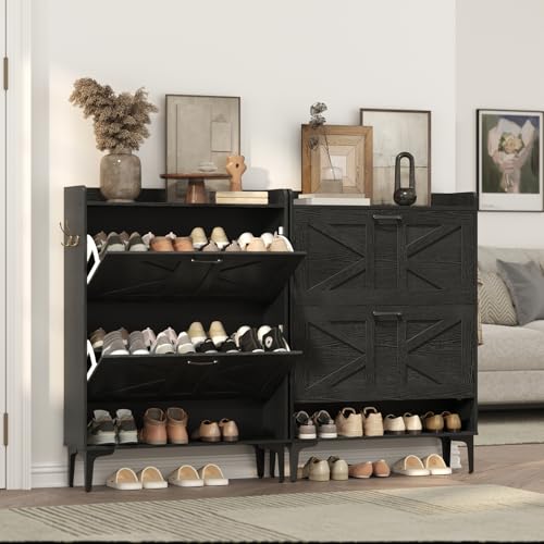 MAHANCRIS Shoe Storage Cabinet, Shoe Organizer with 2 Flip Drawers, Hidden Shoe Storage for Entryway, Freestanding Shoe Cabinet Organizer with Open Storages, Black SHHB9401 - color: Black