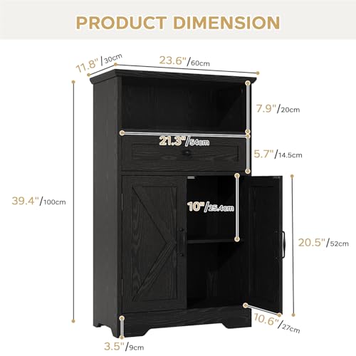 Floor Cabinet, Farmhouse Storage Cabinet with Barn Doors and Drawer, Freestanding Adjustable Shelf Organizer for Bathroom, Kitchen, Living Room Black - color: Black, size: 39.4"H x 23.6"W x 11.8"D
