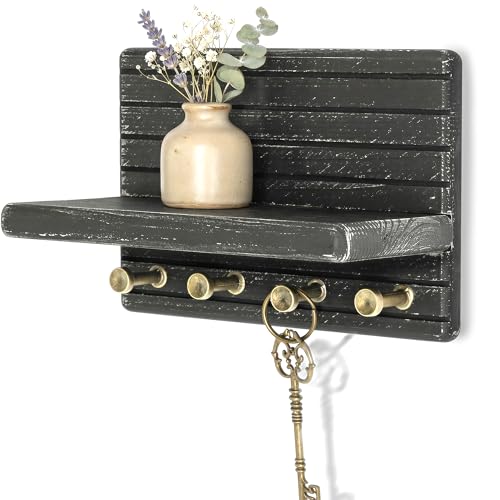 Rebee Vision Pine Wooden Key Holder Wall Mount for Home Decor – 7-inch Key Rack for Wall with 4 Sturdy Hooks & Mini Floating Shelf - Ideal Apartment Essentials for Home and Kitchen (Old Black) - color: OldBlack, size: Small-7inch