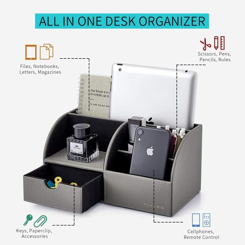 Vlando Office Desk Organizer Leather Desktop Organizer Caddy with Drawer for Storing Desktop Supplies and Accessories (Grey Set) - color: B.Grey Set