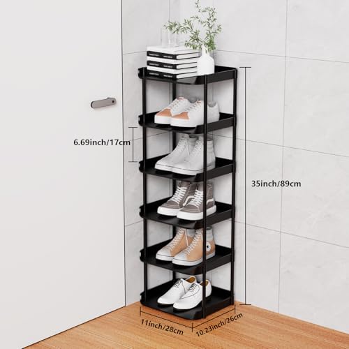 6 Tier Vertical Narrow Shoe Rack, Stackable Tall Skinny Shoerack, Compact Single Shoes Storage Tower for Slim Space, Corner Plastic Shelves, for Hallways, Entryway, Bedrooms Organizer, Black - color: Black, size: 6 tier