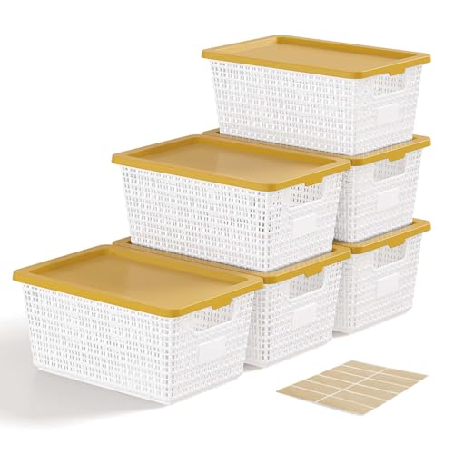 EOENVIVS Storage Bins Bakets with Lids 6 Pack, Stackable Organizer Bins for Small Spaces, Pantry, Closet & Bathroom, Secure Snap Lids, 11x7x5 Plastic Storage Containers for Shelf Organization, White - color: White+Yellow