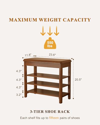 IUNVR Shoe Rack Bench Seat Rubberwood 3-Tier Wooden Storage Bench 550lbs Compact Mid-Century Modern Design for Entryway, Hallway, Closet, Front Door Entrance, Foyer - color: Walnut-3 Tier(wood), size: 23.6"W x 11.8"D x 20.5"H