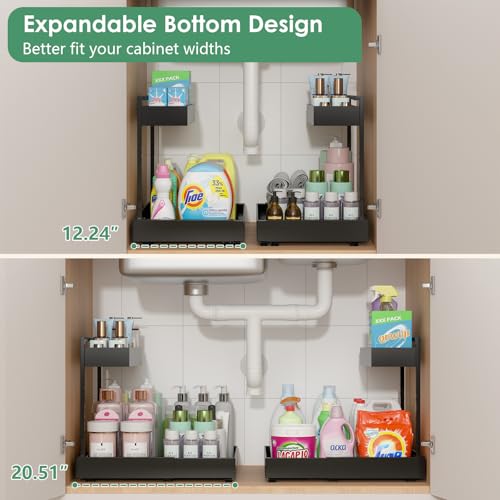 REALINN Expandable Under Sink Organizers and Storage, 2 Tier Under Cabinet Organizer, Heights Adjustable Pull Out Rack for Kitchen Bathroom Laundry, Black, 2 Pack - color: Black, size: 2 Pack