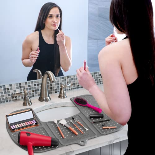 Sink Topper Bathroom Counter Cover & Storage Saver, Foldable Silicone Mat for Hot Tools, Hair Styling & Makeup, Beauty Brush Cleaning Mat, RV Camper Sink Cover & for Small Spaces (Large Silver) - color: Silver, size: Large