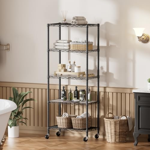 SINGAYE 5 Shelf Storage Wire Shelves Closet Bathroom Organizers Metal Pantry Kitchen Garage Shelving Unit Laundry Room Organization Home Narrow Rack Net Basket with Wheels Black - color: Black, size: 5Tier/14"D X 24"W X 61"H
