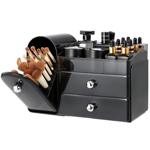Makeup Organizer,Vanity Organizer with Makeup Brush Holder,Large Skincare Organizers with Drawers,Bathroom Countertop Organizer,Storage Lipstick,Perfume,Nail Polish,Beauty,Mothers Day Gifts - color: Black