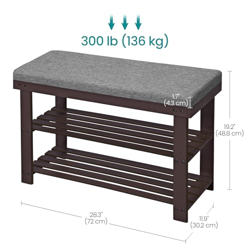 SONGMICS Bamboo Shoe Bench, 3-Tier Shoe Rack Organizer for Entryway, Living Room, Bench Seat Holds Up to 300 lb, 11.9 x 28.3 x 19.2 Inches, Rustic Walnut and Slate Gray ULBS604CG - color: Rustic Walnut + Slate Gray, size: 28.3"W