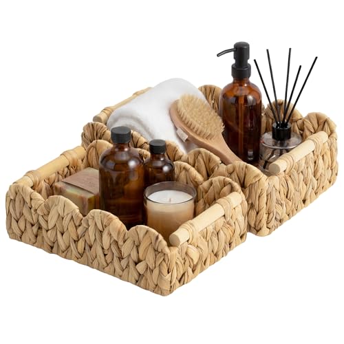 StorageWorks Toilet Paper Basket 2 Pack, Back of Toilet Basket with Wooden Handles, Small Wicker Decorative Scalloped Baskets for Organizing, Living Room Storage, Natural Water Hyacinth - color: Water Hyacinth(Natural), size: 11¾" L × 7¾" W × 4" H