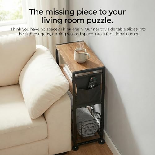 Skinny Side Table with Storage, 3 Tier Slim Side Tables for Small Spaces, Skinny End Table Narrow Bedside Table Narrow Side Table for Living Room, Bedroom - color: Rustic Brown