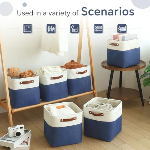 FinishingBo Cube Storage Baskets 6 Pack, 11x11 inch Cube Storage Bins with Leather Handles for Shelf Closet (White/ Blue) - color: White/ Blue
