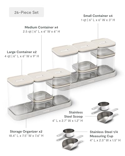 Caraway 26-Piece Ultimate Airtight Glass Food Storage Containers with Lids, Scoops, Measuring Cups and Organizers - Non-Toxic BPA-Free Stackable Space-Saving Containers for Pantry - Cream - color: Cream, size: 26-Piece Set