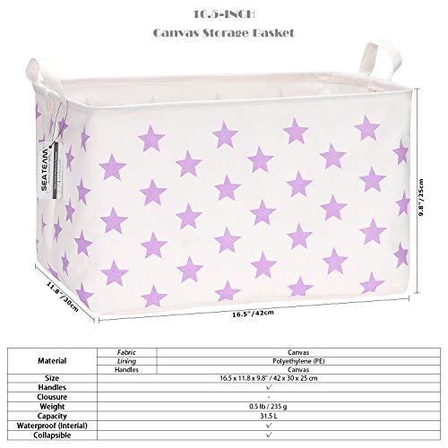 Sea Team Collapsible Canvas Fabric Storage Basket with Handles, Rectangle Waterproof Storage Bin, Box, Cube, Foldable Shelf Basket, Closet Organizer, 16.5 x 11.8 x 9.8 Inches, Purple Star - color: Star/Purple, size: 16.5 Inch (Pack of 1)