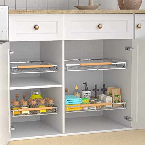 Pull Out Cabinet Shelf, Slide Out Cabinet Organizer Heavy Duty Under Sink, Anti Rust Kitchen Organizer Basket, Smooth Roll Expandable Sliding Drawer, 2 Pack Chrome 15.9''-26.2'' - color: 2 pack, size: M(15.9''-26.2''W x 16.9''D)