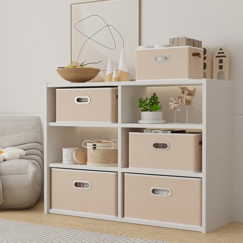 Yawinhe Fabric Storage Bins with Handles, Foldable Baskets for Shelves, Cubes with 3 Handles, Large Boxes for Clothes, Beige, 16.9''Lx11.8''Wx10.2''H, 6-Pack - color: Beige, size: 16.9x11.8x10.2inch(6-Pack)