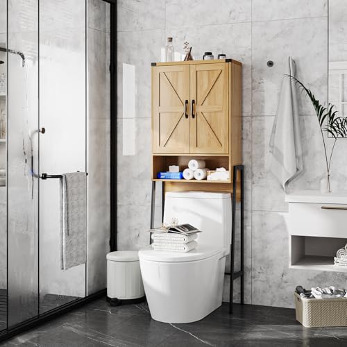 Over The Toilet Storage Cabinet with 2-Door Design Bathroom Organizers and Storage with Anti-Tip Device Over Toilet Organizer with Shelves for Bathroom,Restroom,Laundry Natural - color: Natural