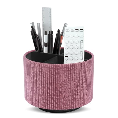 Round Leather Art Supply Organizer,Remote Control Holder,360 Degree Spinning,Multi-Functional Pencil Holder,4 Compartments Desktop Stationary Organizer(1-Wood Pink) - color: 1-Wood Pink