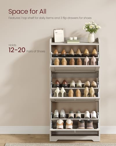 VASAGLE Shoe Cabinet with 3 Flip Drawers, Shoe Organizer, Adjustable and Removable Dividers, Holds 12-20 Pairs, Entryway, 9.4 x 23.6 x 47.7 Inches, Oatmeal Beige ULBC036LN02S - color: Oatmeal Beige, size: 9.5"D x 23.6"W x 47.7"H, style: shoe cabinet