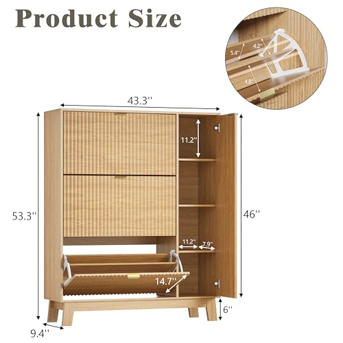 Shoe Cabinet Storage for Entryway with 3 Flip Drawers & Side Cabinet, Fluted Narrow Shoe Organizer with Wooden Leg, Freestanding Shoe Storage Hidden Shoe Rack Organizer for Front Door Entrance, Oak - color: Oak, size: 3 Drawer with Door