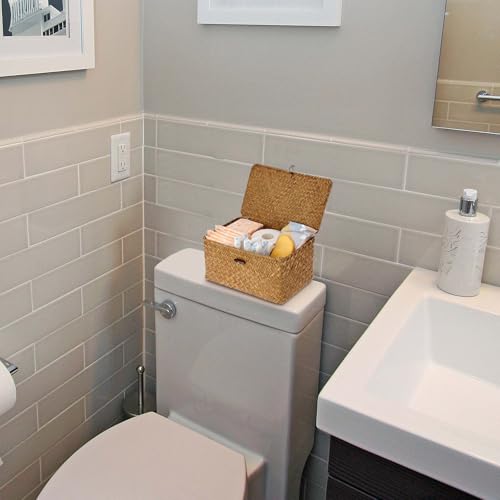 Sumnacon Wicker Basket with Lid Rectangle Woven Baskets for Toiletries Tampon Storage,Wicker Storage Basket with Lid,Decorative Seagrass Storage Baskets for Shelf Bathroom Toilet Table, Caramel - color: Caramel, size: Medium