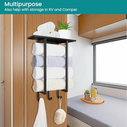 ELITEROO Towel Holder for Bathroom Wall, Towel Rack with Shelf and Hooks, Hanging Towel Organizer for Small Bathroom Storage, Wooden Rolled Towel Shelf for RV, Camper, Black - color: Black