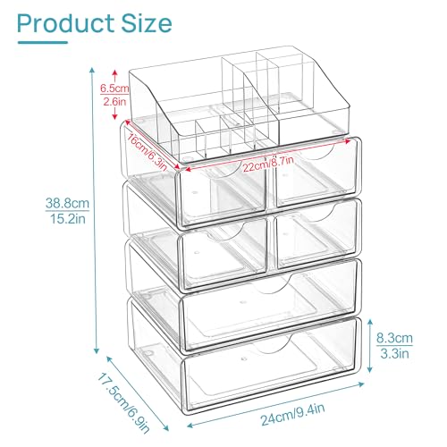 Vtopmart 5 Tier Clear Makeup Organizer with Drawer, Cosmetic Storage for Dresser Countertop and Bathroom Vanity, Beauty Holder for Lipstick Brush Skincare - style: 5 Tier (2 Sizes Drawer)