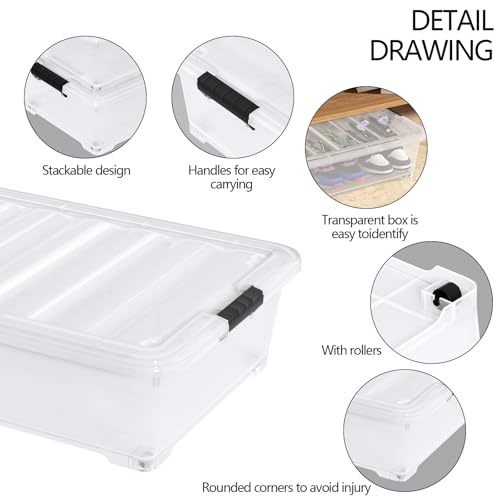 50 Quart Plastic Under Bed Storage Boxes, Clear Under Bed Storage Containers with Wheels, 3-Pack - size: 50L