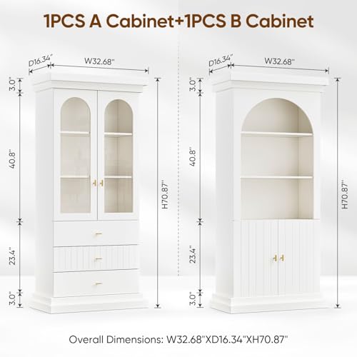 71" Modern Tall Bookcase and Bookshelf, Modern Storage Combination for Home Office or Study,and Living Room with Glass Door and Open Shelf Cabinets, White with Gold Handles, 4 of Set