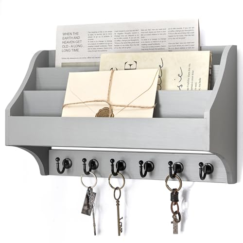 Rebee Vision Pine Wood Key Holder Wall Mount - Farmhouse 3-Tire Mail Holder for Wall with 6 Key Hooks - Multifunctional File Organizer for Home Decor & Entryway (Gray) - color: Gray