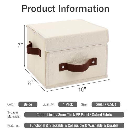 Storage Bins Box with Lids Front Opening Window Decorative Cotton Linen Fabric Basket PU Leather Handles Washable PP Plastic Board Foldable Shelf Closet Organizer Container (Beige, Small) - color: Beige, size: Small ( Pack of 1 )