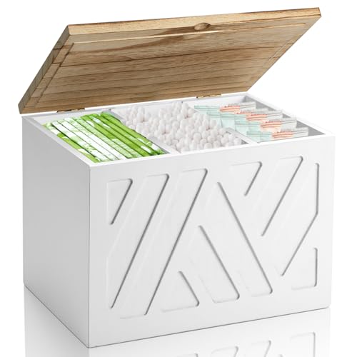 Tampon Holder for Bathroom, Feminine Product Organizer, Pad Organize Case with Lid, Shark Week Wooden Tampon Storage Decor, Lady Girl Stuff Box for Toilet Bathroom Accessories- White - color: White