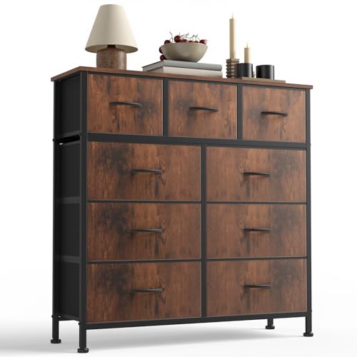 Sweetcrispy 9-Drawer Fabric Dresser Storage Tower with Wood Top and Steel Frame, Organizer Chest with Easy Pull Handles for Bedroom, Closet, Hallway,Distressed Brown - color: Brown, size: 11.8"D x 39.6"W x 39.8"H (9 Drawers)