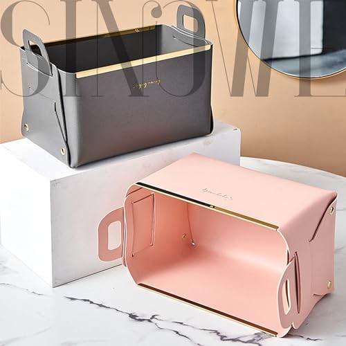 Decorative Faux Leather Basket,Small Catchall Basket for Entryway Bedside Dresser End table,Collapsible Rectangle Tray Organizer Box (Pink) - color: Pink