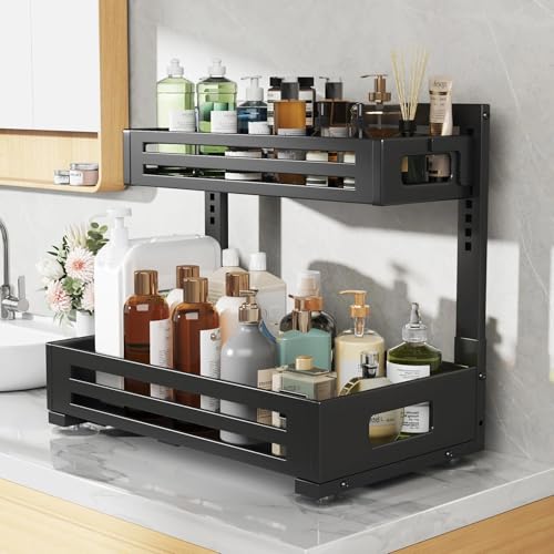 2 Pack 17IN-Depth Under Sink Organizer,Pull Out Cabinet Organizer With Smooth Cylindrical Rail,Metal Slide Out Drawer for Kitchen Bathroom Laundry,8-Level Tool Free Height Adjustable-Black - color: Black, size: 2 Pack-17"Dx9.5"-16.7"H