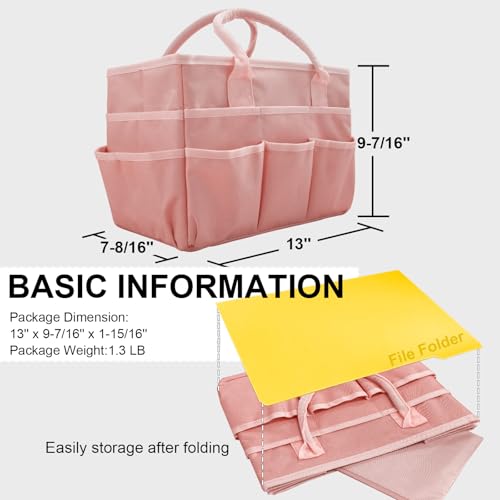 Cupohus Art Organizer Craft Storage Tote Bag with Pockets and Handles, Oxford Fabric Carrying Caddy for Teacher, Officer, Artist, Traveler, and More –Pink - color: Pink