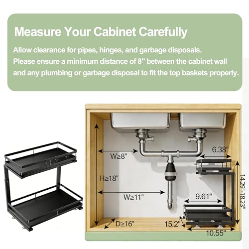 2 Pack Under Sink Organizers and Storage, Heavy Duty Metal Pull Out Cabinet Organizer with Ball-Bearing Slides, Height Adjustable L-Shaped Shelf for Kitchen & Bathroom (2-Pack) - size: Double Layer