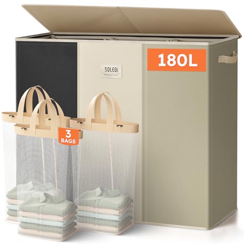 SOLEDI 180L 3-Section Laundry Hamper with Lid, Extra Large Dirty Clothes Basket with Sturdy Handles for Laundry Room & Bedroom - Durable Organizer for Sorting Laundry - color: Black/White/Moon Grey, size: 180L