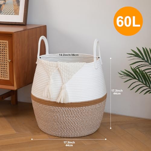 OIAHOMY 60L Blanket Basket with Handle, Storage Basket for Living Room, Laundry Hamper for Clothes, Towels, Pillows, Toy Storage for Kids and Dogs, Baby Hamper for Nursery - Brown & White - color: Brown & White, size: 60L
